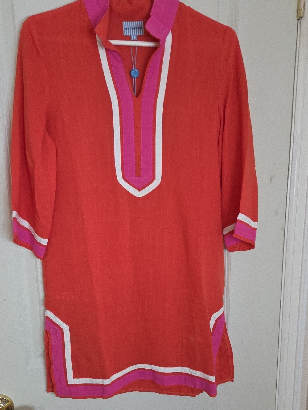 Les Canabiers-Bright Linen Coral and Pink Tunic Dress (European Modern) - Picture 2 of 6